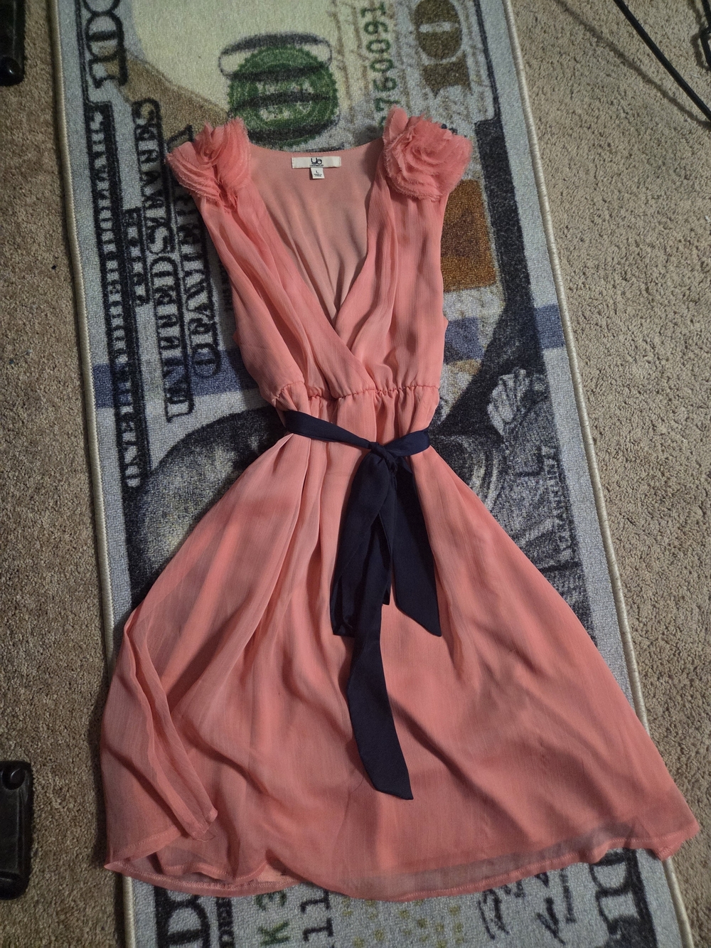 Coral Chiffon Wrap Dress with Navy Tie